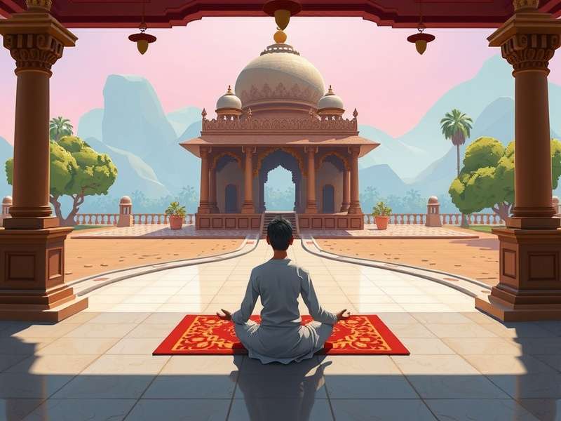 Spiritual Sojourn India gameplay showing character at Indian temple